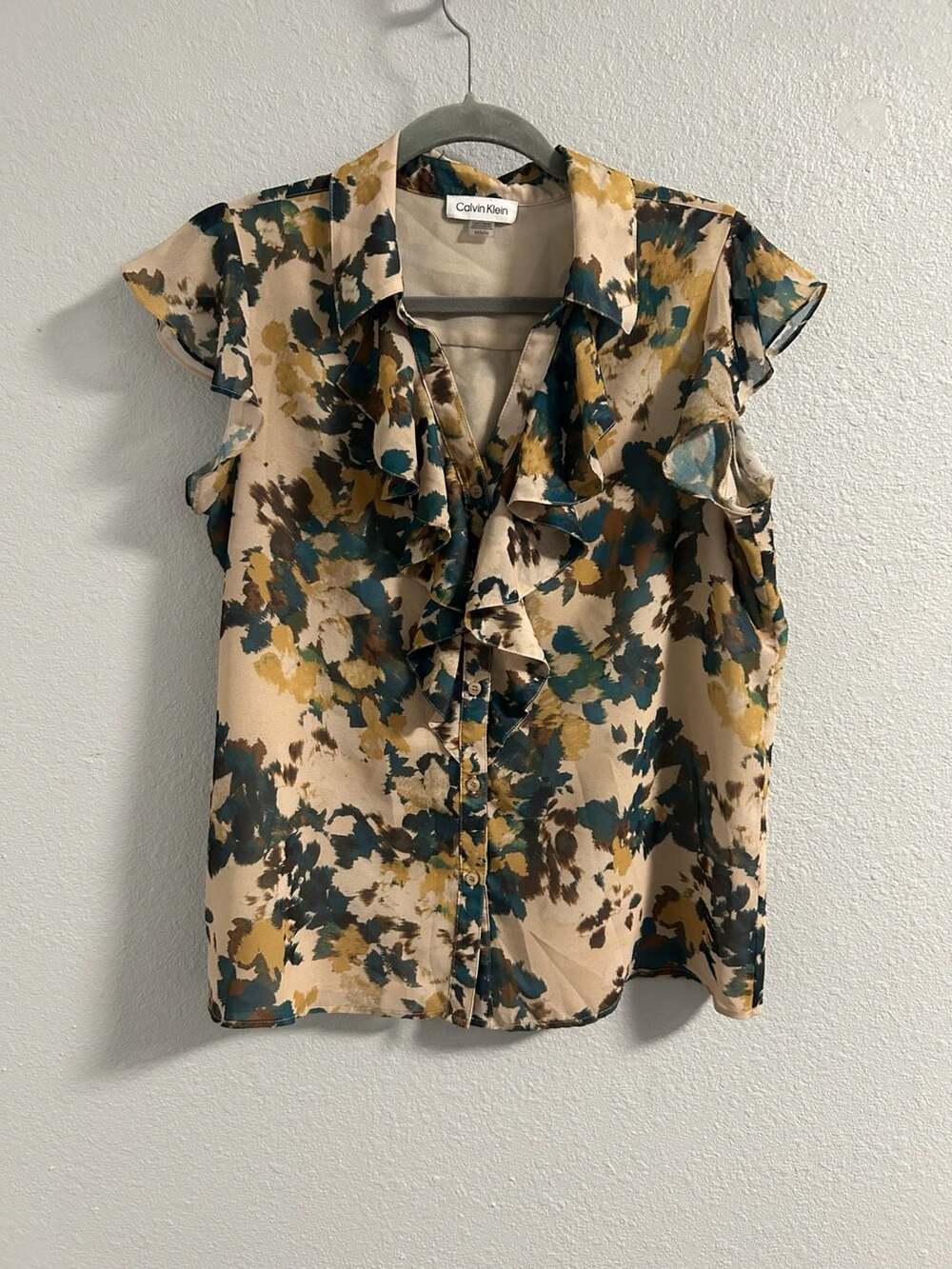 Calvin Klein Multicolored Floral Print Ruffle V-Neck Short Sleeve Blouse Size M